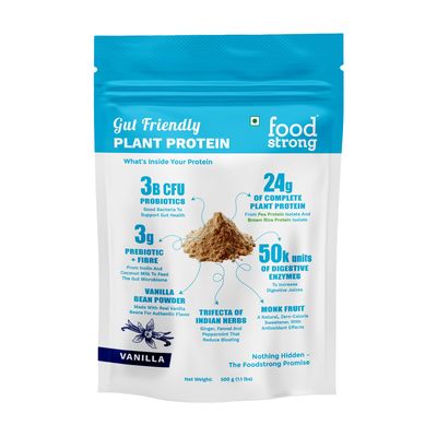 Foodstrong Gut Friendly Plant Protein - Vanilla | 24g Complete Plant Protein with Probiotics, Digestive Enzymes, Prebiotics & Indian Herbs | Vegan | No Sugar | 500g
