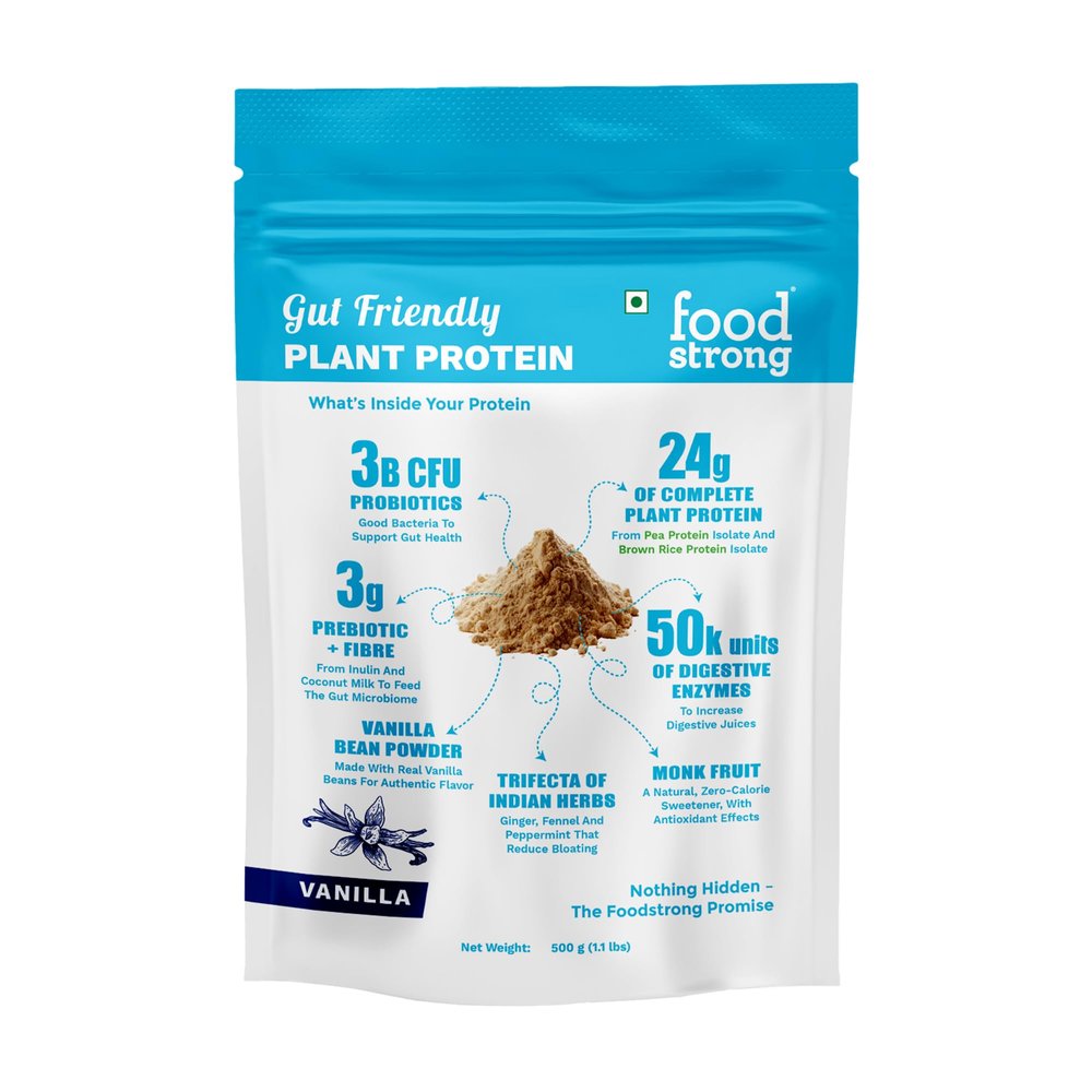 Foodstrong Gut Friendly Plant Protein - Vanilla | 24g Complete Plant Protein with Probiotics, Digestive Enzymes, Prebiotics & Indian Herbs | Vegan | No Sugar | 500g