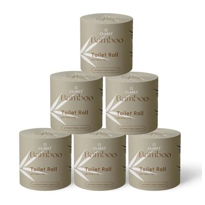 Claret Bamboo Toilet Roll 2-Ply | 300 Pulls | 10 x 10 cm | Ultra Soft Eco-Friendly Tissue | OBA-Free Natural Bamboo Pulp | Gentle & Septic Safe (Pack Of 6)