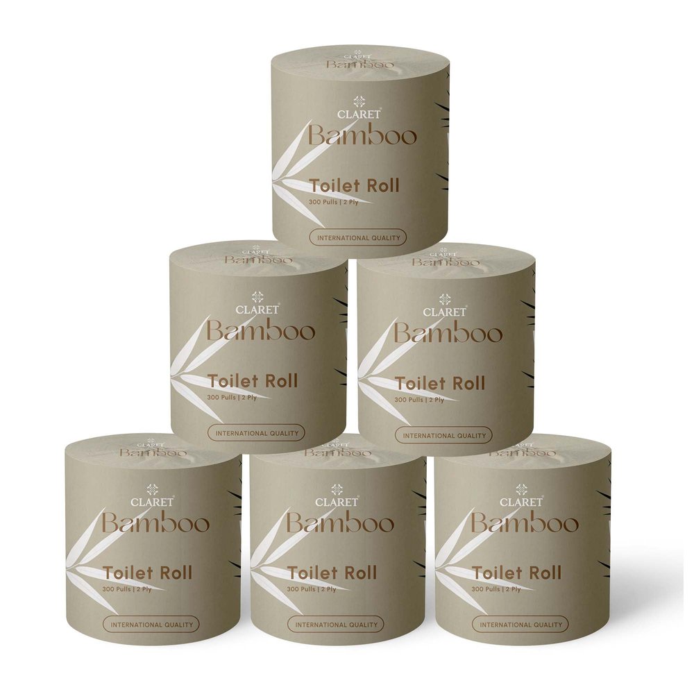 Claret Bamboo Toilet Roll 2-Ply | 300 Pulls | 10 x 10 cm | Ultra Soft Eco-Friendly Tissue | OBA-Free Natural Bamboo Pulp | Gentle & Septic Safe (Pack Of 6)