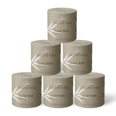 Claret Bamboo Toilet Roll 3-Ply | 300 Pulls | 10 x 10 cm | Ultra Soft Eco-Friendly Tissue | OBA-Free Natural Bamboo Pulp | Gentle & Septic Safe (Pack Of 6)