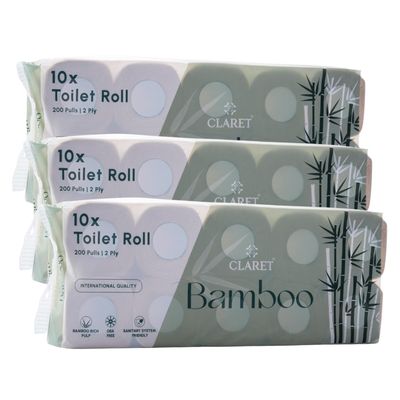 Claret Bamboo 2-Ply Toilet Roll (10 x 10 cm) | 200 Pulls | 10 Rolls in 1 Pack | Ultra Soft & Eco-Friendly | OBA Free | Natural Bamboo Pulp (Pack Of 3 (30 Rolls))