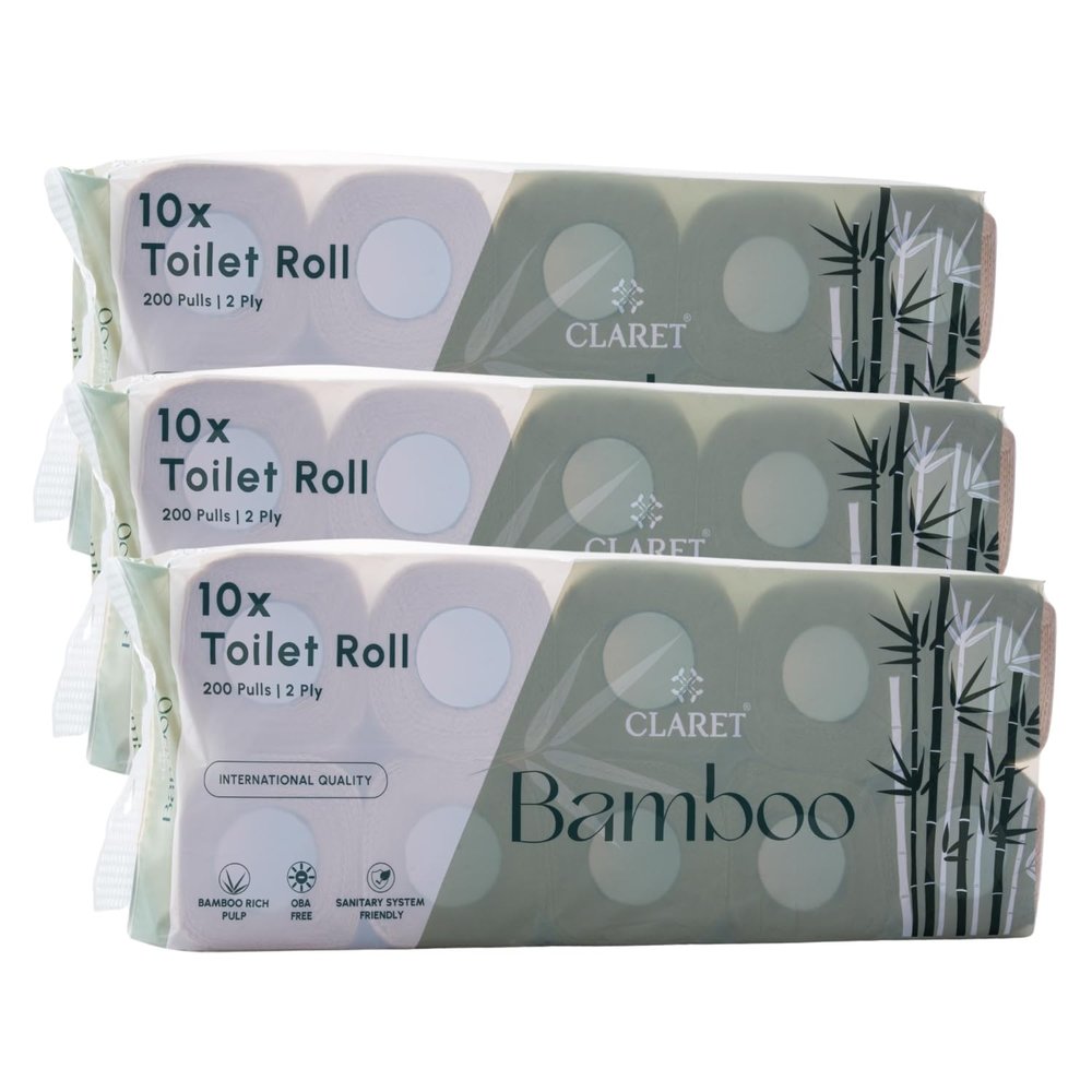 Claret Bamboo 2-Ply Toilet Roll (10 x 10 cm) | 200 Pulls | 10 Rolls in 1 Pack | Ultra Soft & Eco-Friendly | OBA Free | Natural Bamboo Pulp (Pack Of 3 (30 Rolls))