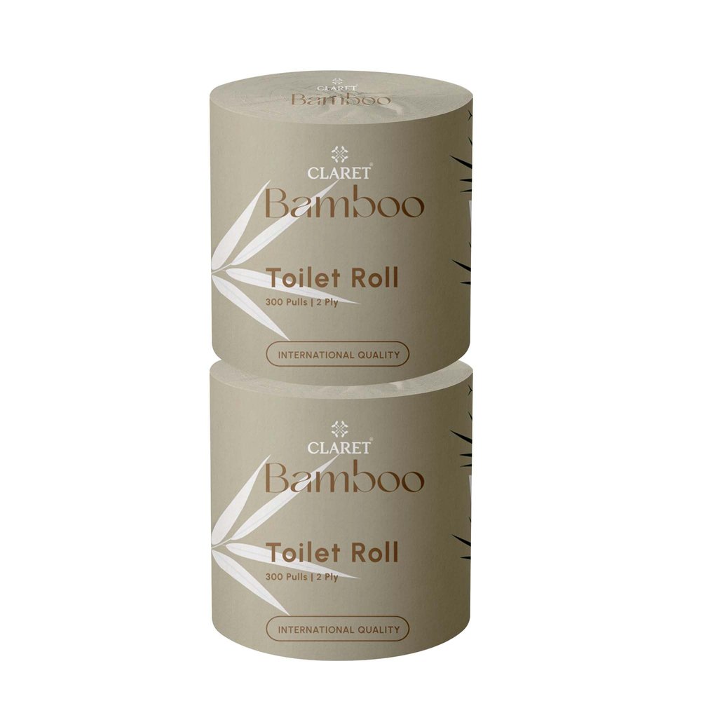 Claret Bamboo Toilet Roll 2-Ply | 300 Pulls | 10 x 10 cm | Ultra Soft Eco-Friendly Tissue | OBA-Free Natural Bamboo Pulp | Gentle & Septic Safe (Pack Of 2)