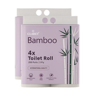 Claret Bamboo 3-Ply Toilet Roll (10 x 10 cm) | 200 Pulls Eco-Friendly | 4 Toilet Rolls in 1 Pack | OBA Free | Natural Bamboo Pulp (Pack Of 2 (8 Rolls))