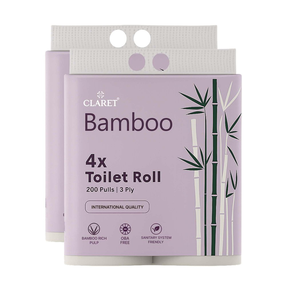 Claret Bamboo 3-Ply Toilet Roll (10 x 10 cm) | 200 Pulls Eco-Friendly | 4 Toilet Rolls in 1 Pack | OBA Free | Natural Bamboo Pulp (Pack Of 2 (8 Rolls))