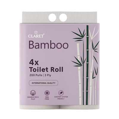 Claret Bamboo 3-Ply Toilet Roll (10 x 10 cm) | 200 Pulls Eco-Friendly | 4 Toilet Rolls in 1 Pack | OBA Free | Natural Bamboo Pulp (Pack Of 1 (4 Rolls))