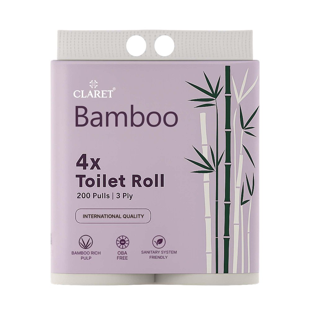 Claret Bamboo 3-Ply Toilet Roll (10 x 10 cm) | 200 Pulls Eco-Friendly | 4 Toilet Rolls in 1 Pack | OBA Free | Natural Bamboo Pulp (Pack Of 1 (4 Rolls))