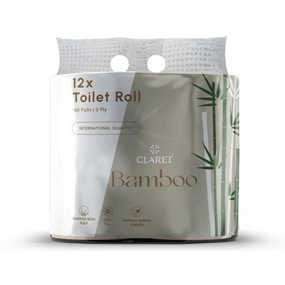 Claret Bamboo 3-Ply Toilet Roll (10 x 10 cm) | 160 Pulls Eco-Friendly | 12 Rolls in 1 Pack | OBA Free | Natural Bamboo Pulp (Pack Of 1 (12 Rolls))