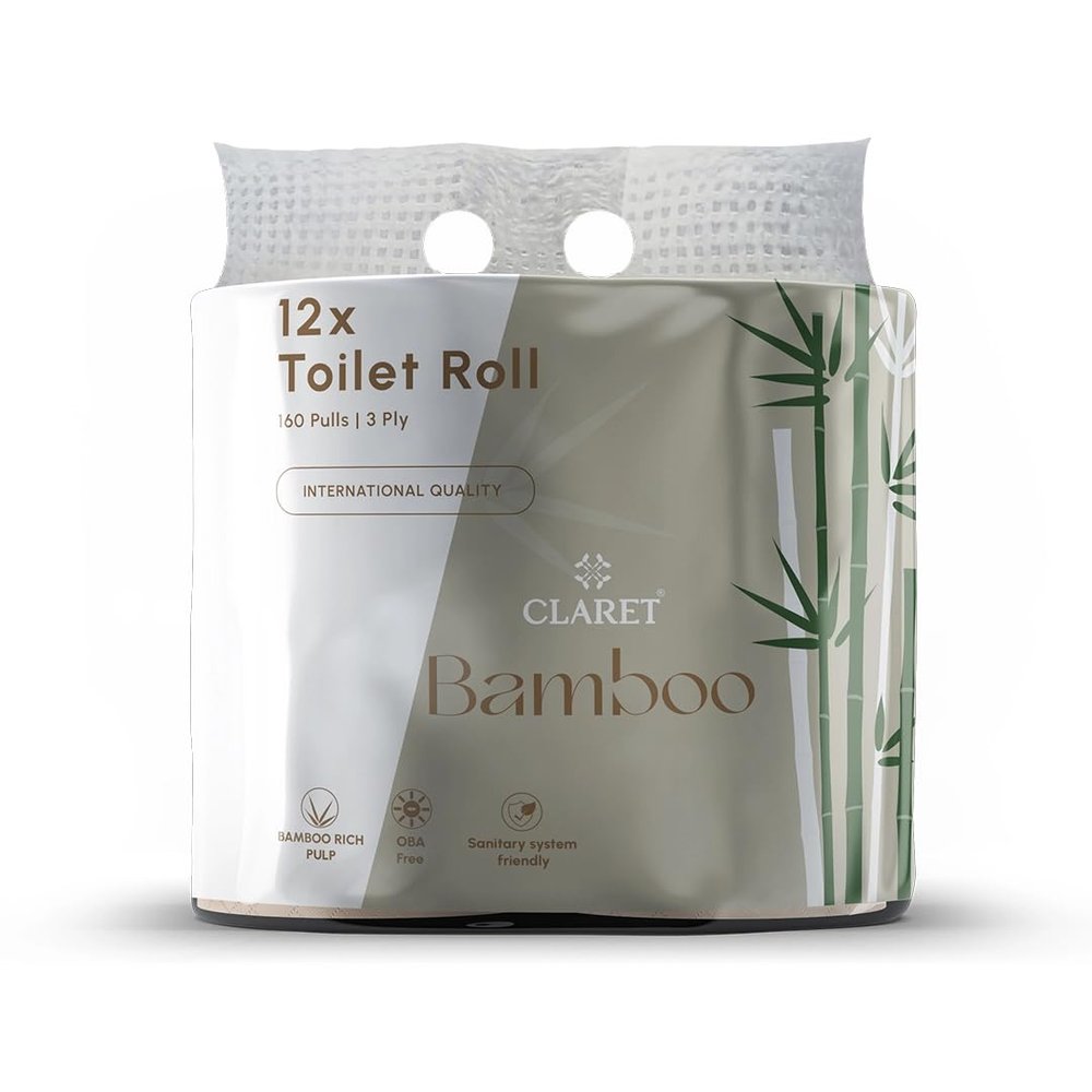 Claret Bamboo 3-Ply Toilet Roll (10 x 10 cm) | 160 Pulls Eco-Friendly | 12 Rolls in 1 Pack | OBA Free | Natural Bamboo Pulp (Pack Of 1 (12 Rolls))