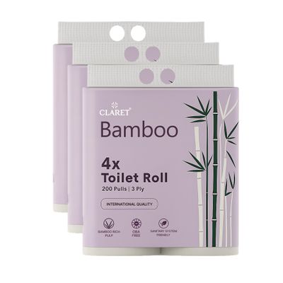 Claret Bamboo 3-Ply Toilet Roll (10 x 10 cm) | 200 Pulls Eco-Friendly | 4 Toilet Rolls in 1 Pack | OBA Free | Natural Bamboo Pulp (Pack Of 3 (12 Rolls))