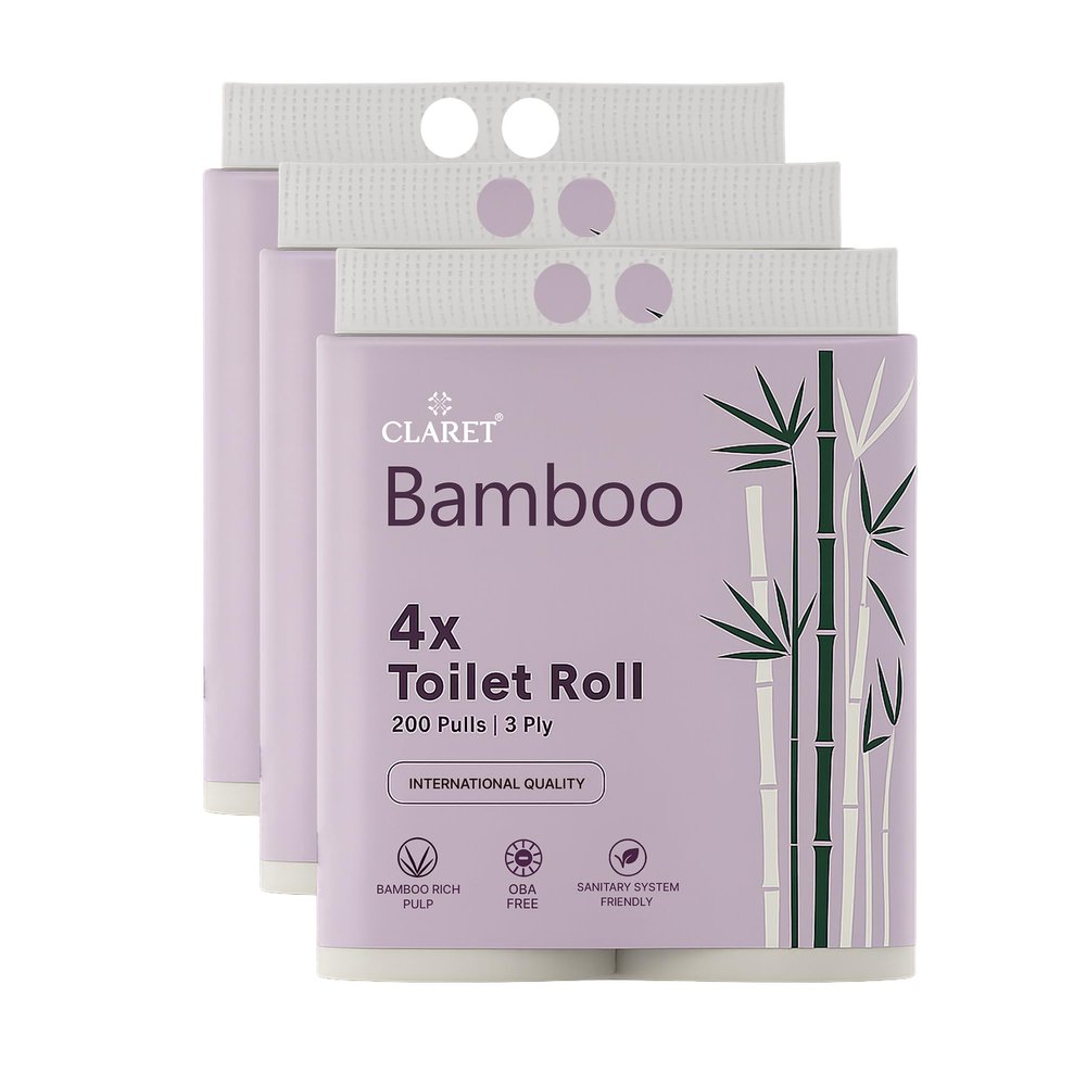 Claret Bamboo 3-Ply Toilet Roll (10 x 10 cm) | 200 Pulls Eco-Friendly | 4 Toilet Rolls in 1 Pack | OBA Free | Natural Bamboo Pulp (Pack Of 3 (12 Rolls))