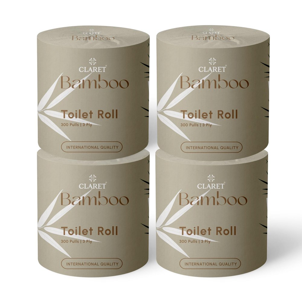 Claret Bamboo Toilet Roll 3-Ply | 300 Pulls | 10 x 10 cm | Ultra Soft Eco-Friendly Tissue | OBA-Free Natural Bamboo Pulp | Gentle & Septic Safe (Pack Of 4)