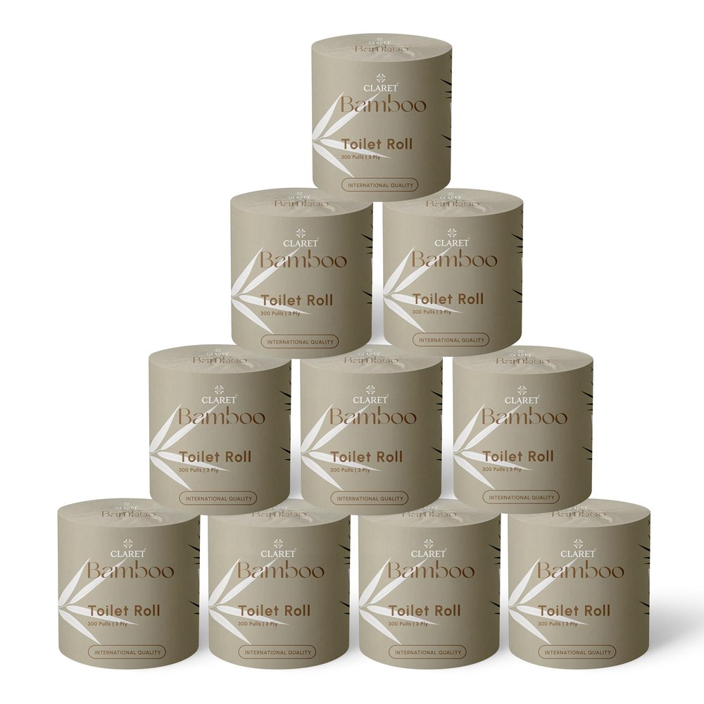 Claret Bamboo Toilet Roll 3-Ply | 300 Pulls | 10 x 10 cm | Ultra Soft Eco-Friendly Tissue | OBA-Free Natural Bamboo Pulp | Gentle & Septic Safe (Pack Of 10)