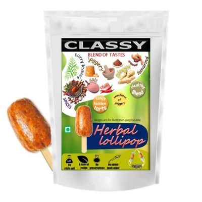 CLASSY BLEND OF TASTES , HERBAL LOLLIPOP , TAMARIND AND JAGGERY CANDY WITH REFRESHING FLAVOURS AND HEALTHY INGREDIENTS, 50 PIECES PER PACK, DIGESTIVE CHURAN CANDY LOLLIPOP, 400gms, HEALTHY BLEND , GINGER FLAKES , CURRY LEAVES , CUMIN {JEERA}.