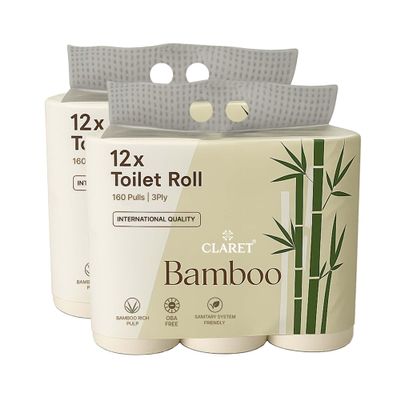 Claret Bamboo 3-Ply Toilet Roll (10 x 10 cm) | 160 Pulls Eco-Friendly | 12 Rolls in 1 Pack | OBA Free | Natural Bamboo Pulp (Pack Of 2 (24 Rolls))