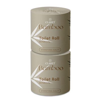 Claret Bamboo Toilet Roll 3-Ply | 300 Pulls | 10 x 10 cm | Ultra Soft Eco-Friendly Tissue | OBA-Free Natural Bamboo Pulp | Gentle & Septic Safe (Pack Of 2)