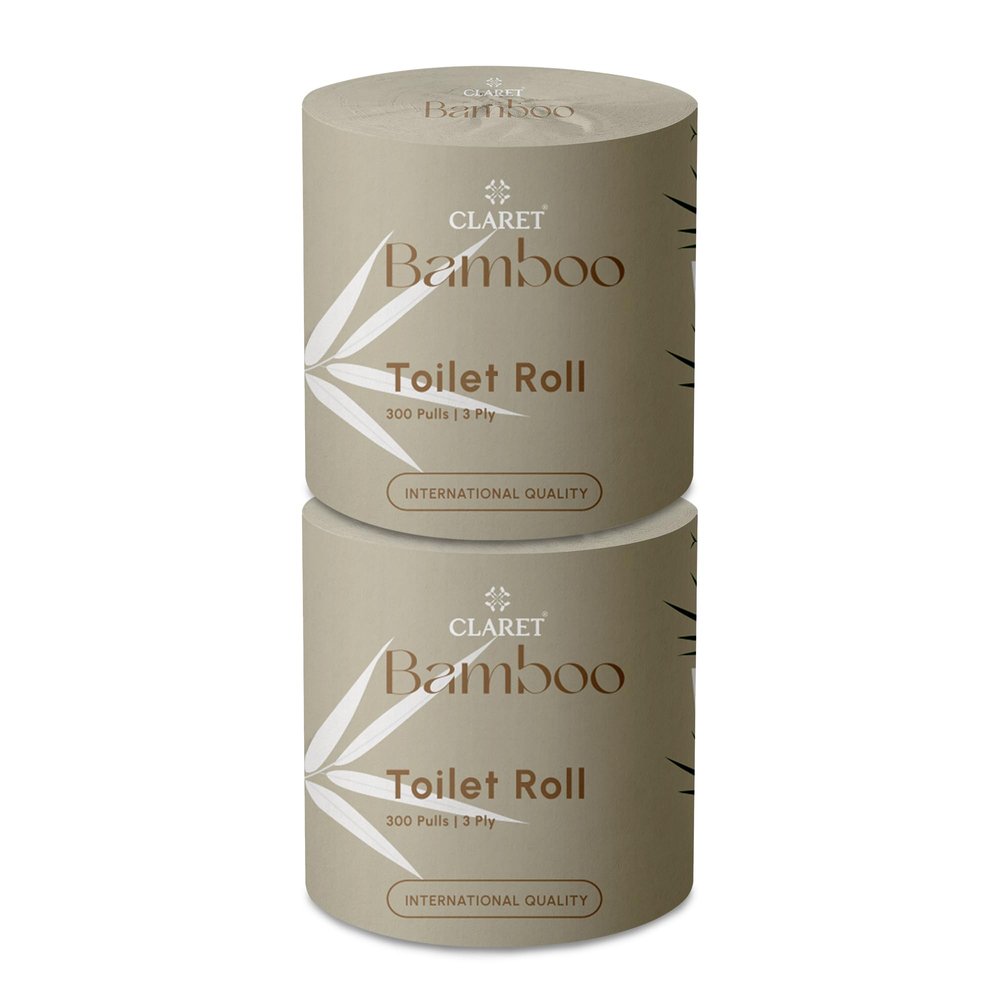 Claret Bamboo Toilet Roll 3-Ply | 300 Pulls | 10 x 10 cm | Ultra Soft Eco-Friendly Tissue | OBA-Free Natural Bamboo Pulp | Gentle & Septic Safe (Pack Of 2)