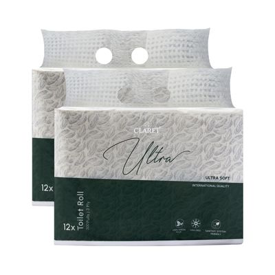 Claret Ultra Soft 3-Ply Virgin Pulp Toilet Rolls | 300 Pulls Each Skin-Friendly | 12 Rolls in 1 Pack | OBA-Free | Sanitary System Friendly (Pack Of 24 Rolls)