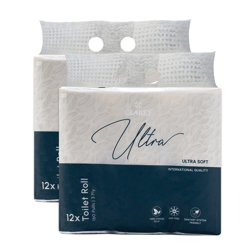 Claret Ultra Soft 3-Ply Virgin Pulp Toilet Rolls | 160 Pulls Each Skin-Friendly | 12 Rolls in 1 Pack | OBA-Free | Sanitary System Friendly (Pack Of 24 Rolls)