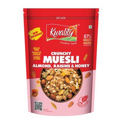 Kwality Muesli  Almond, Raisins & Honey 750g | 87% Multi Grains | High-Fibre, Protein-Rich Multigrain Breakfast Cereal with Rolled Oats, Crunchy Nuts & Natural Honey, No Preservatives