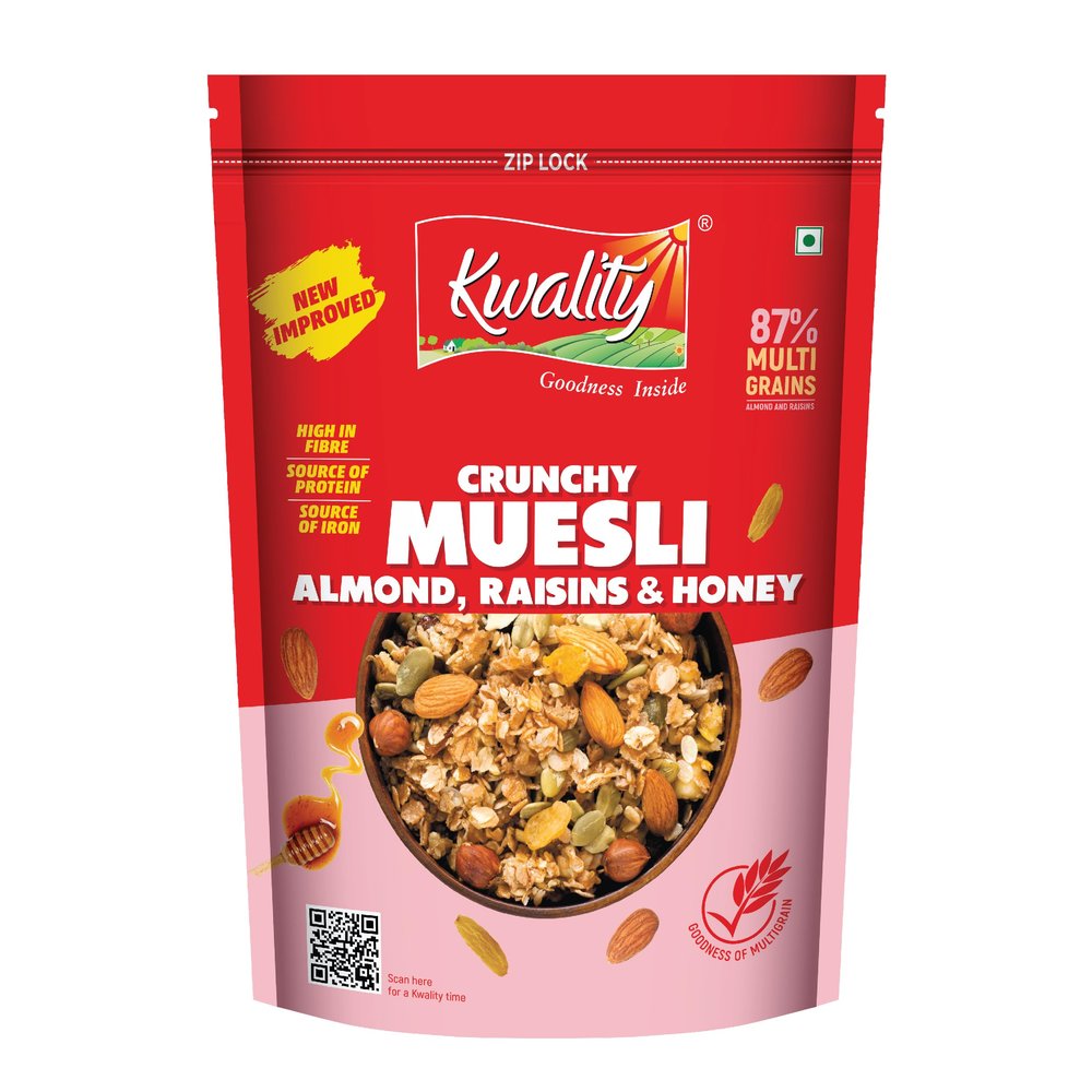 Kwality Muesli  Almond, Raisins & Honey 750g | 87% Multi Grains | High-Fibre, Protein-Rich Multigrain Breakfast Cereal with Rolled Oats, Crunchy Nuts & Natural Honey, No Preservatives