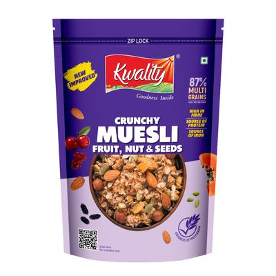 Kwality Muesli  Fruit, Nuts & Seeds Blend, 750g | 87% Multi grains | HighFibre, ProteinRich Multigrain Breakfast Cereal with Almonds, Raisins, Cranberries, Pumpkin & Flax Seeds, No Preservatives