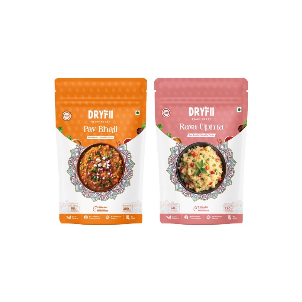 Dryfii Ready to Eat Indian Meals Combo Pack, Pav Bhaji 55g & Rava Upma 60g, No Preservatives, Pure Veg