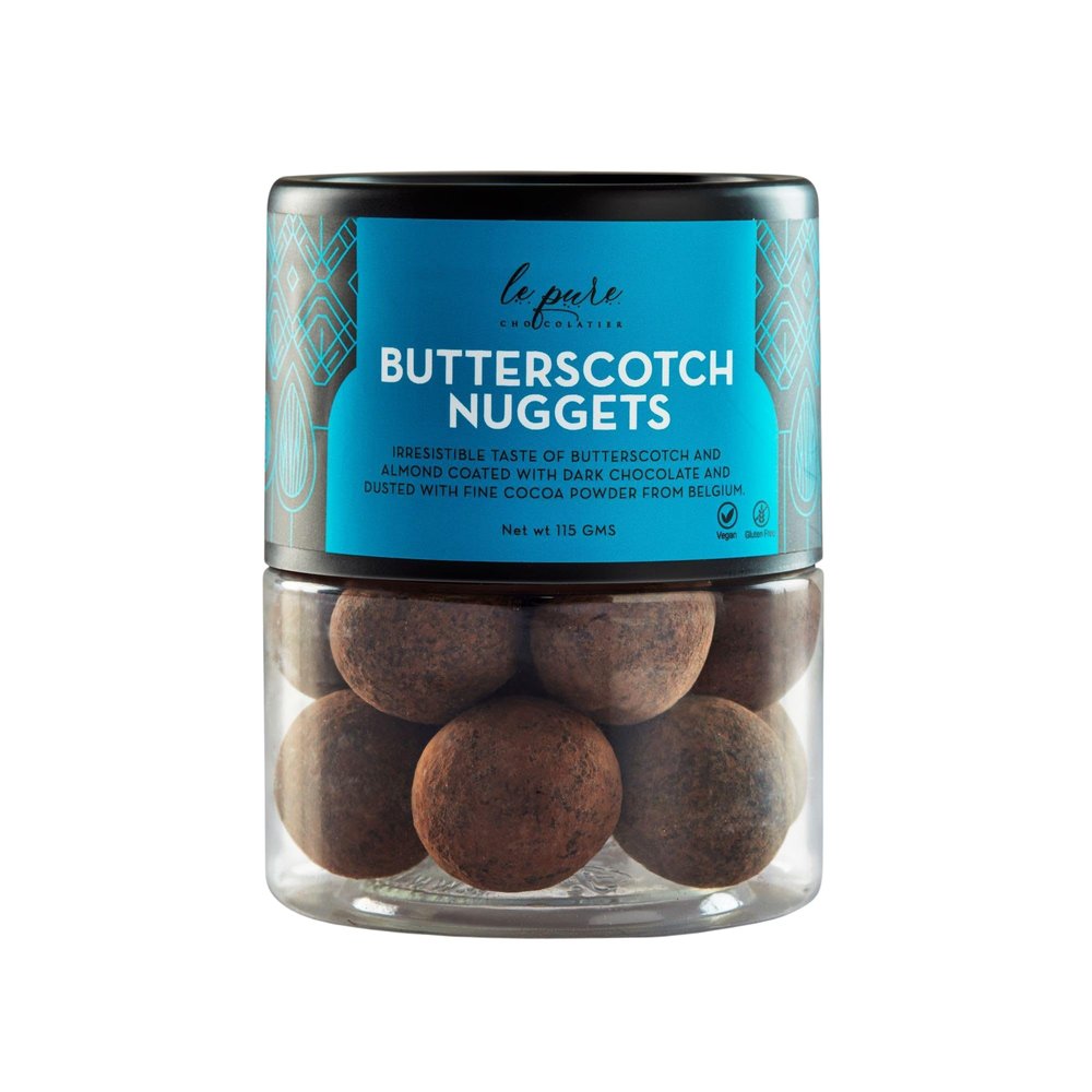 Le Pure Butterscotch Nuggets Dragees | Caramelized Almonds Coated in Dark Chocolate & Belgian Cocoa Powder, Gourmet Chocolate Treat | Luxury Gift & Indulgent Snack | Gluten-Free | 115g