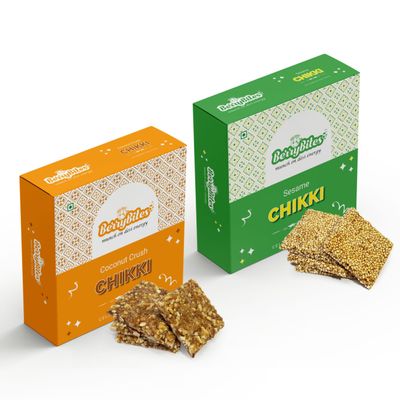 Delight Berrybites Sesame & Coconut Chikki Combo | Til, Ellu & Khopra Chikki with Jaggery | 100% Natural Gajak | 2 x 800g Pack