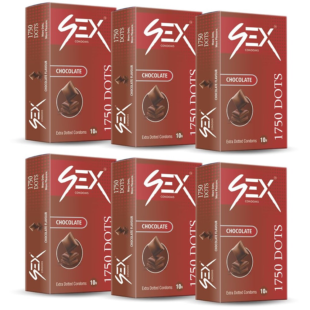 4EX 1750 Extra Dotted Condoms for Men (Pack of 6) | Chocolate Flavour | Extra Lubricated | Electronically Tested | Latex Condom (10 Condoms Per Pack)
