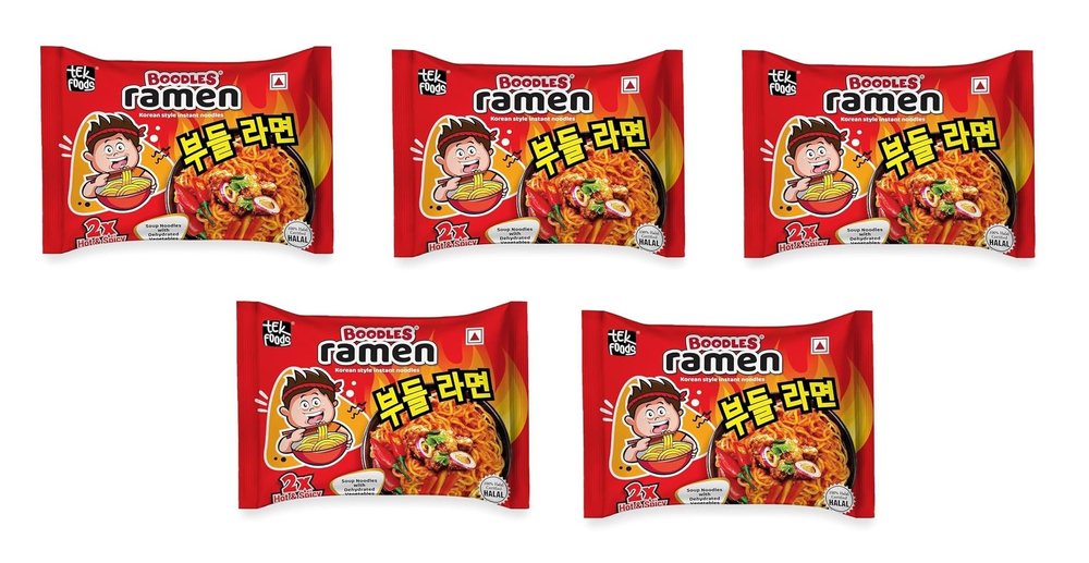 BOODLES Ramen 2X Hot & Spicy Korean Style Instant Noodles | Quick and Easy Snack Or Meal | Soft and Slurpy Texture with Rich Flavor (65 Gram Each_Pack of 5)