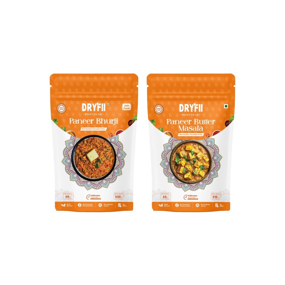 Dryfii Ready-to-Eat Paneer Combo  Paneer Butter Masala & Paneer Bhurji | Instant Jain Meal | No Onion No Garlic | Freeze-Dried | 450g