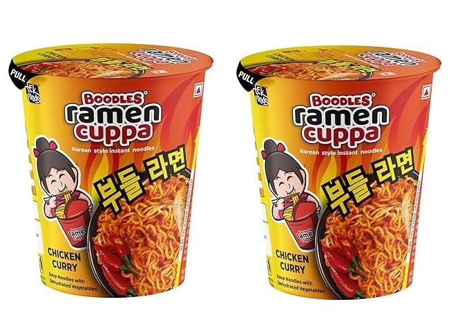 BOODLES Ramen Cuppa Chicken Curry Flavour | Quick and Easy Snack Or Meal | Soft and Slurpy Texture with Rich Flavor (60 Gram Each_Pack of 2)