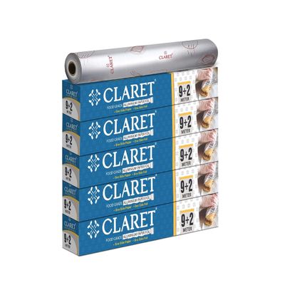 Claret 2 in 1 Aluminium Foil and Butter Paper Roll for Kitchen Wrapping | 9+2 Meters | Food Grade Non-Stick Sheet for Roti, Lunch Box, and Baking (Pack of 5)