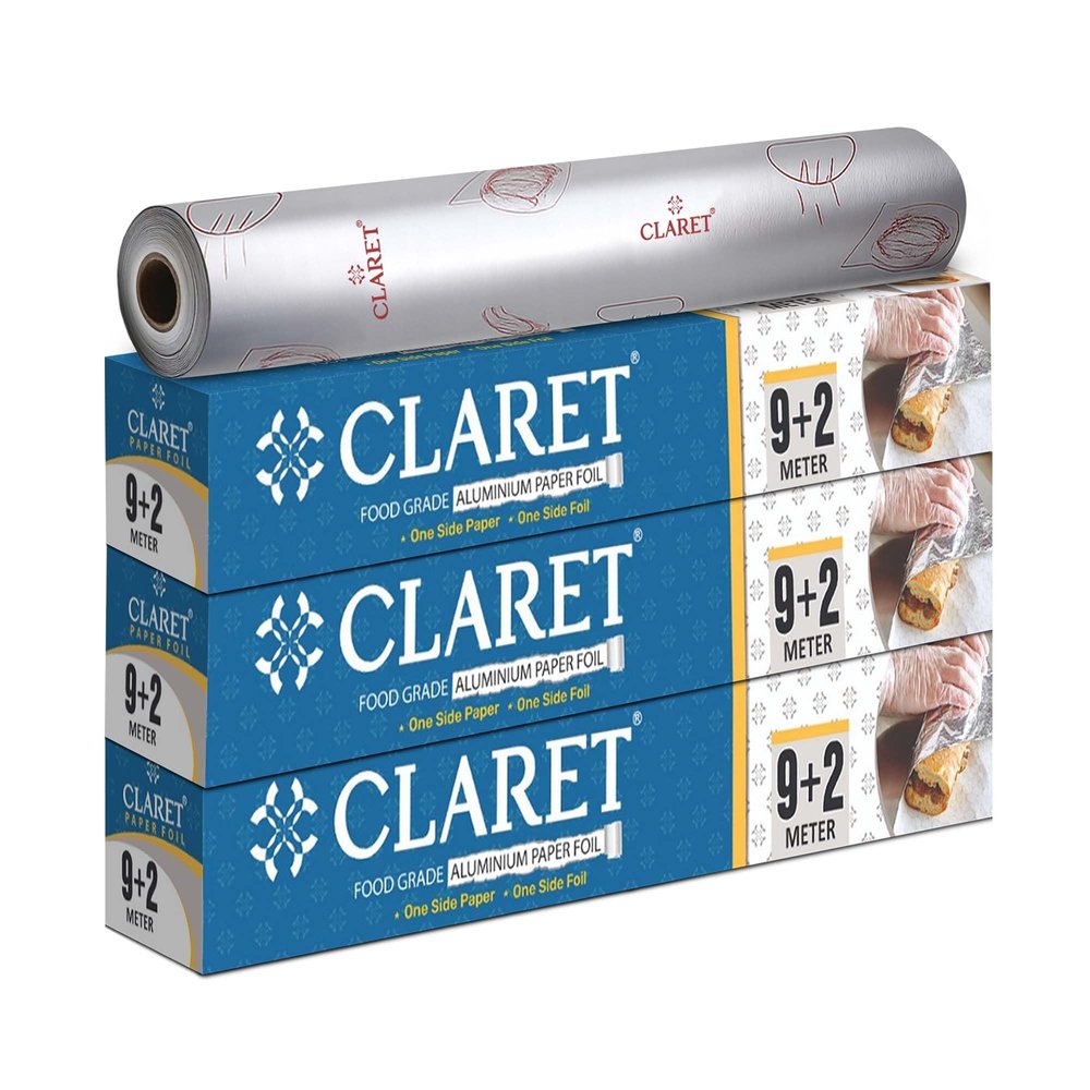 Claret 2 in 1 Aluminium Foil and Butter Paper Roll for Kitchen Wrapping | 9+2 Meters | Food Grade Non-Stick Sheet for Roti, Lunch Box, and Baking (Pack of 3)