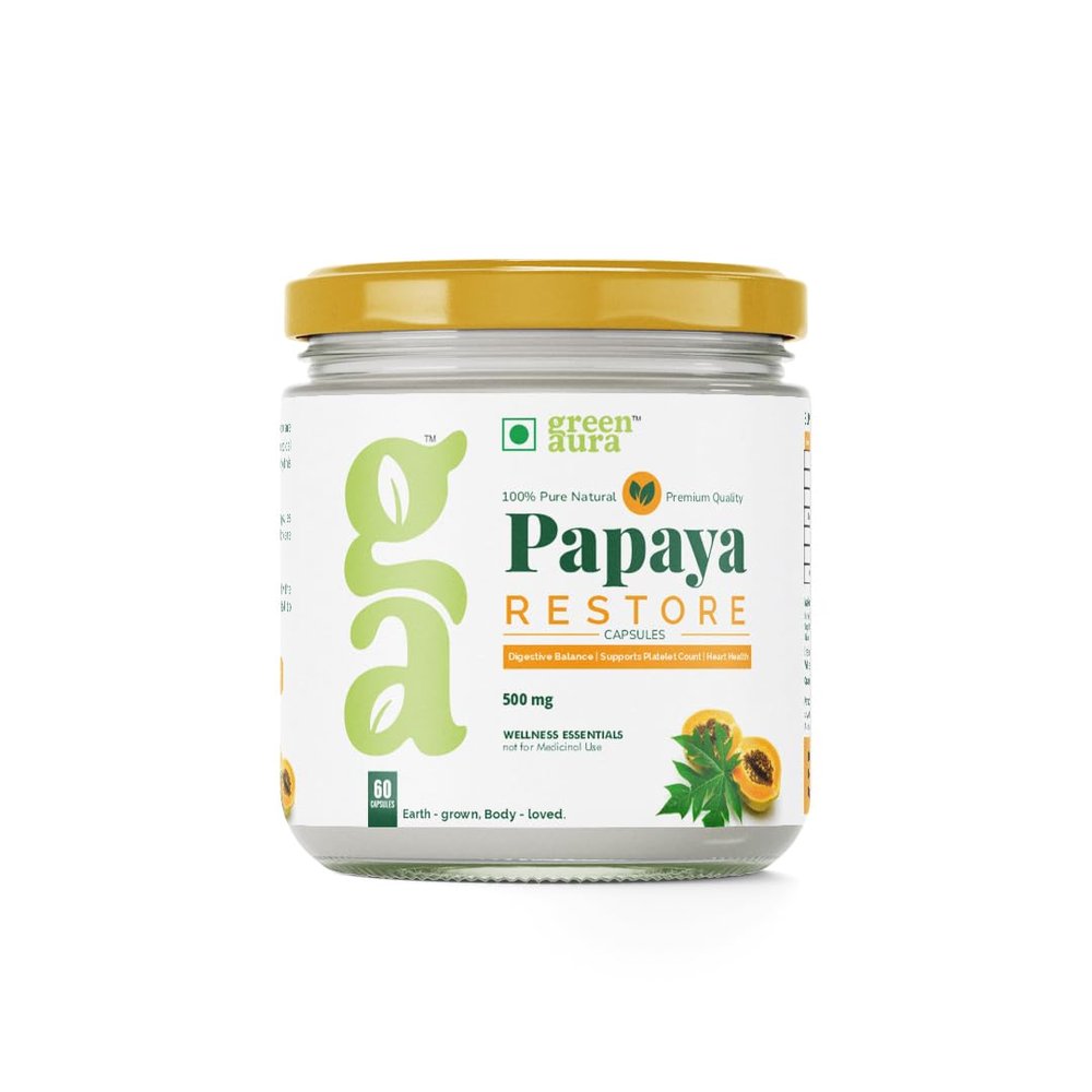 Green Aura Papaya Restore Capsules (60 Capsule) | 500mg Carica Papaya Leaf Extract | Natural Platelet Support, Immunity Booster & Post-Viral Recovery | Digestive & Liver Health Supplement
