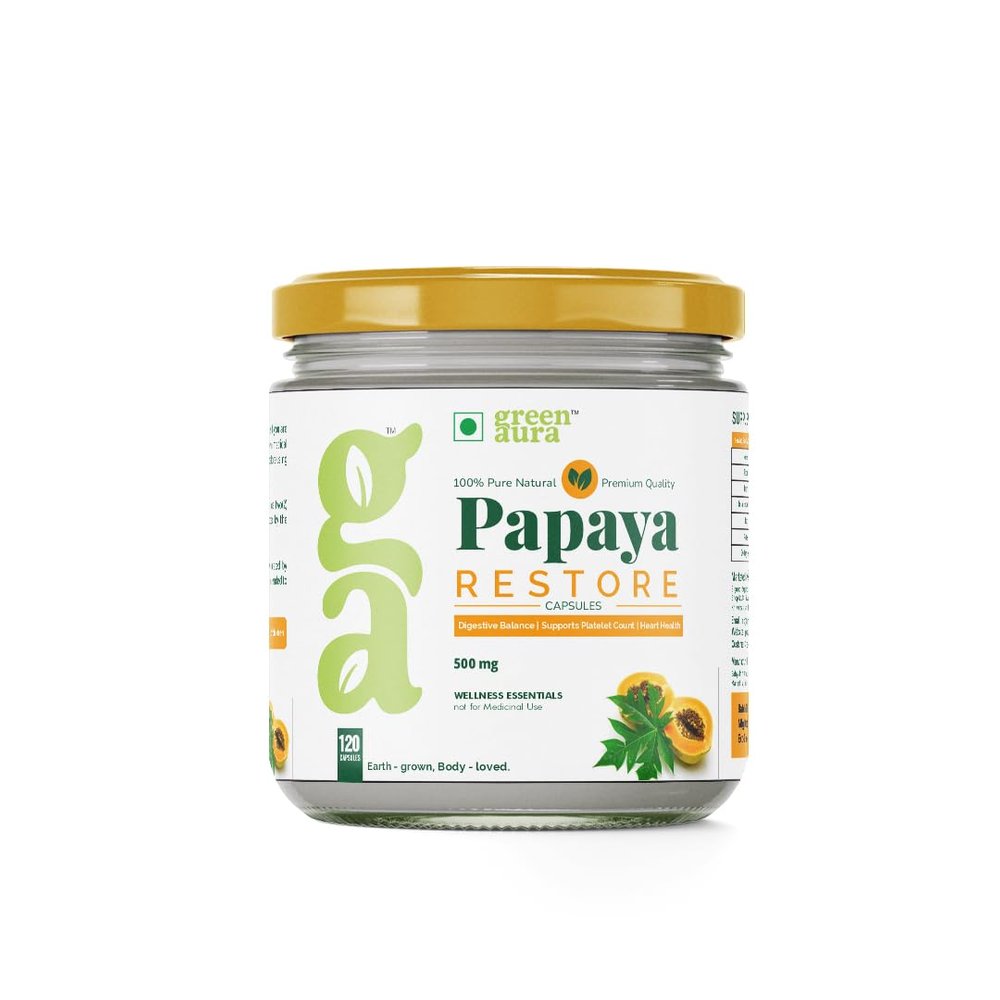 Green Aura Papaya Restore Capsules (120 Capsule) | 500mg Carica Papaya Leaf Extract | Natural Platelet Support, Immunity Booster & Post-Viral Recovery | Digestive & Liver Health Supplement