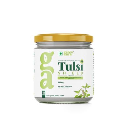 Green Aura Tulsi Shield Capsules (60 Capsule) | Ayurvedic Antiviral & Antimicrobial Supplement | 500mg | Ideal For Immunity, Stress Relief & Detox