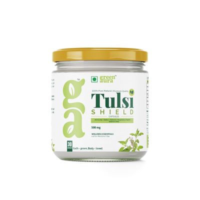 Green Aura Tulsi Shield Capsules (30 Capsule) | Ayurvedic Antiviral & Antimicrobial Supplement | 500mg | Ideal For Immunity, Stress Relief & Detox