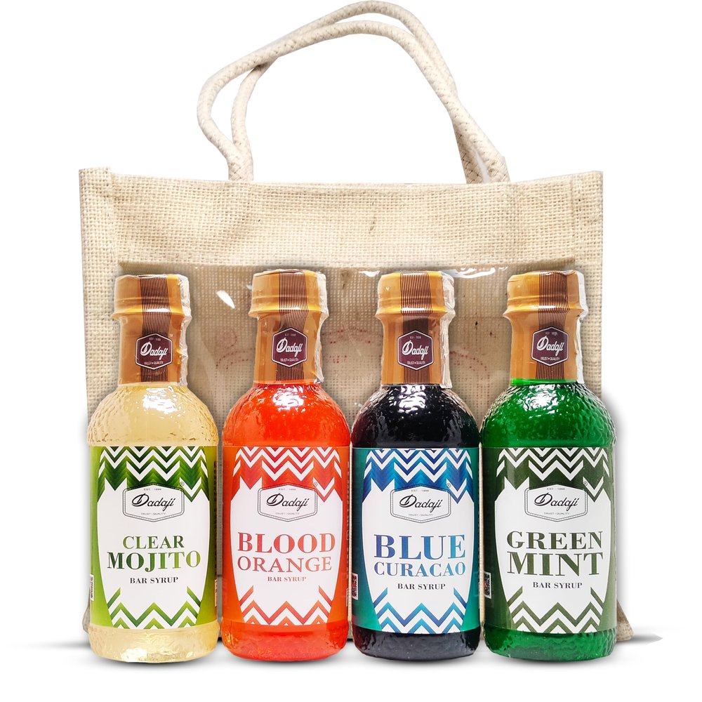 Dadaji's Blue Curacao, Blood Orange, Clear Mojito, and Green Mint | Chotu Mocktail Gift Set with Attractive Jute Bag | 250ml Each | For Cocktails, Syrups, Mojito, & Squash | Pack of 4,1000ml