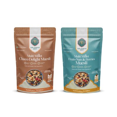 The Indian Diet High-Protein Millet Muesli Combo | Fruit & Nut | Choco Delight | Fiber, Protein-Rich Healthy Breakfast | Pack of (2  350 g)