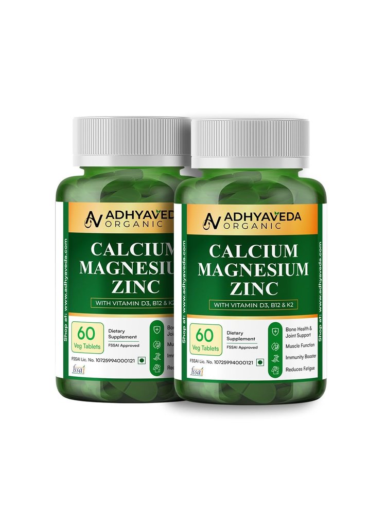 Adhyaveda Organic Calcium, Magnesium, Zinc with Vitamin D3 & B12 | High Potency 1000mg Formula | 120 Veg Tablets | Joint Flexibility, Bone Density & Muscle Support | Unisex Wellness Pack