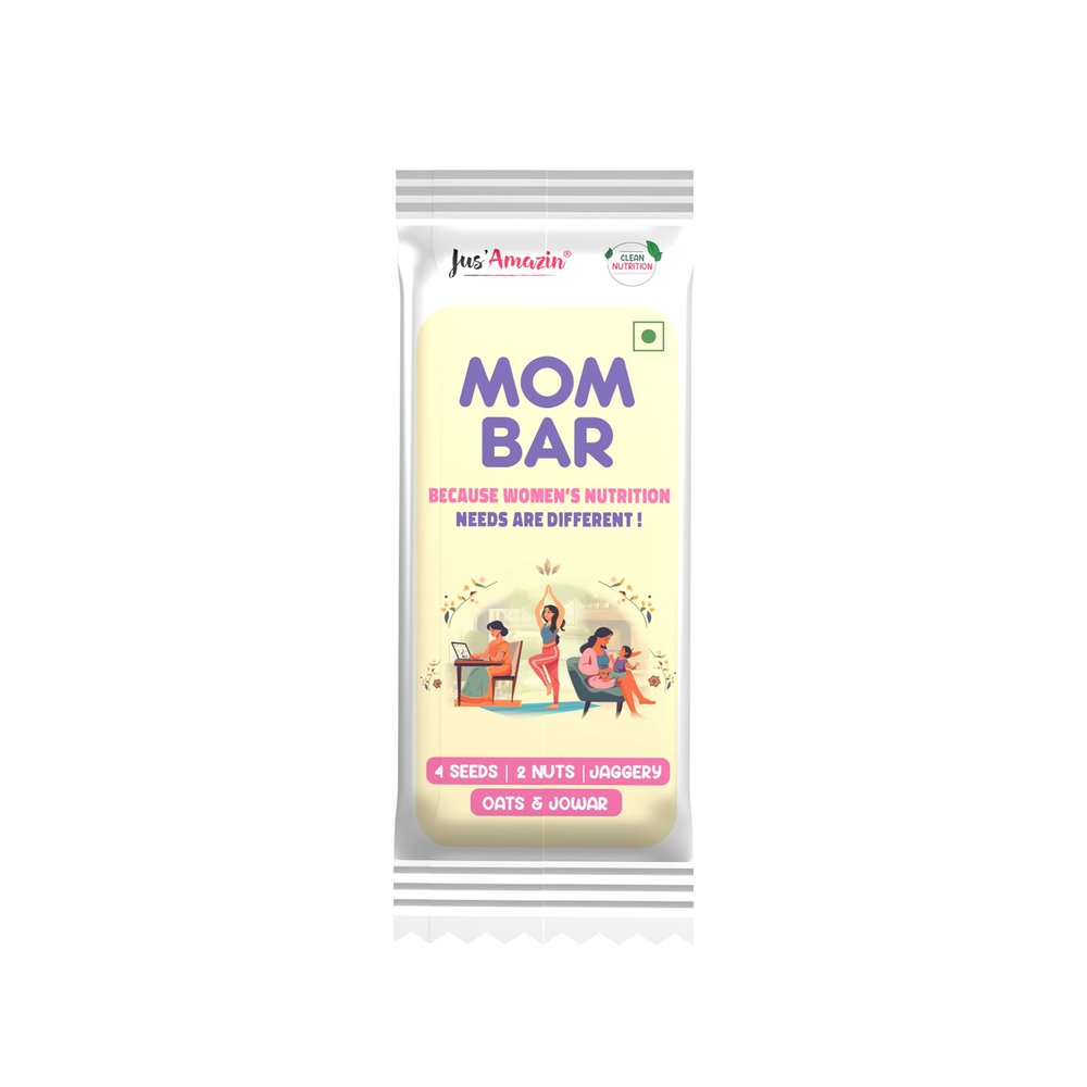 Jus' Amazin MOM Bar (40g x 10) | Pack of 10 | Developed for Active Women & Moms - 4 Seeds, 2 Nuts, Jowar, Oats, Jaggery | Clean Nutrition - 100% Natural, 0% Junk/Chemicals | Flavour of Classic Chikki, No Glucose