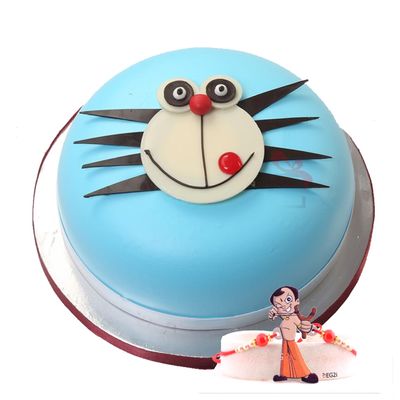 EG2i Doremon Theme Cake with Designer Rakhi Combo for Brother | Cute Cartoon Cake with Rakhi | Raksha Bandhan Gift for Kids & Siblings | Same Day Delivery Available