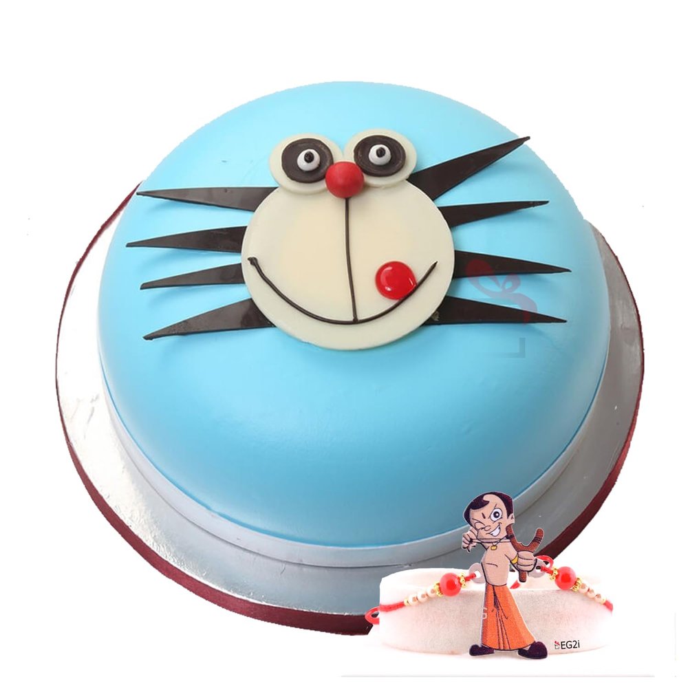 EG2i Doremon Theme Cake with Designer Rakhi Combo for Brother | Cute Cartoon Cake with Rakhi | Raksha Bandhan Gift for Kids & Siblings | Same Day Delivery Available