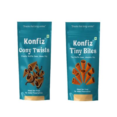 Konfiz Cony Twist and Tiny Bites- Combo Pack | Crunchy Waffle Cones Combo | Crispy Chocolate-Filled Waffle Bites | Ready-to-Eat Snack for Kids & Adults | Perfect for Gifting, Parties & Anytime Cravings | Freshly Baked | 100% Eggless | 130 gm (Mint)