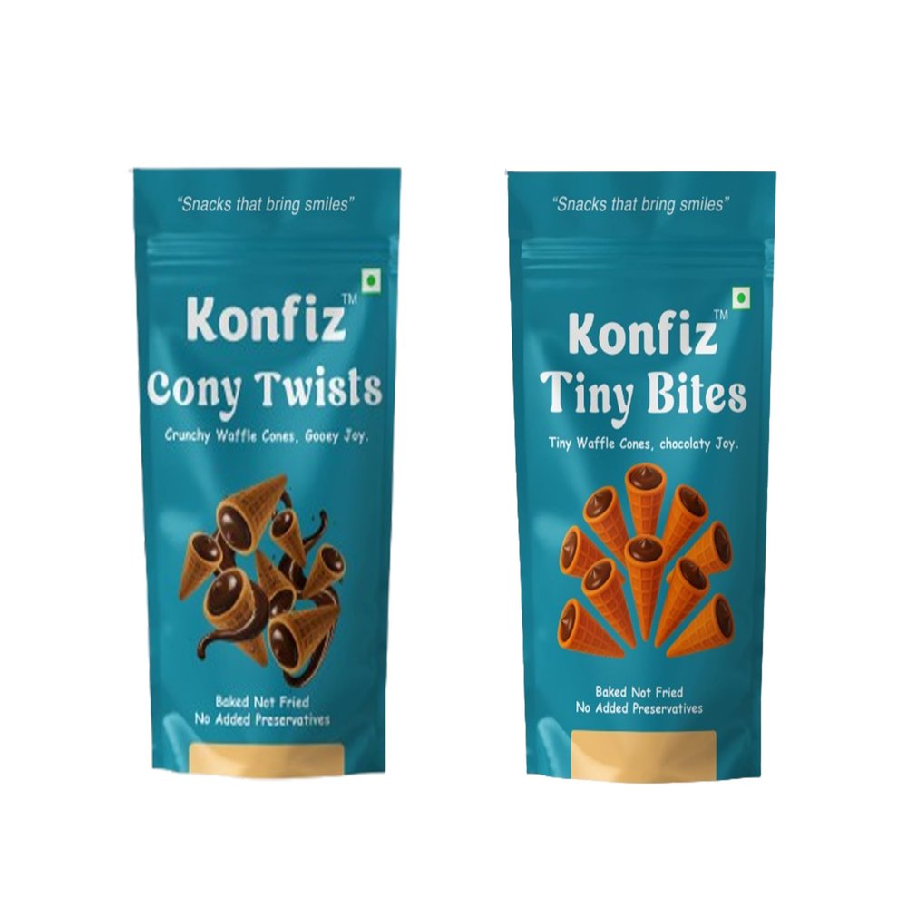 Konfiz Cony Twist and Tiny Bites- Combo Pack | Crunchy Waffle Cones Combo | Crispy Chocolate-Filled Waffle Bites | Ready-to-Eat Snack for Kids & Adults | Perfect for Gifting, Parties & Anytime Cravings | Freshly Baked | 100% Eggless | 130 gm (Mint)