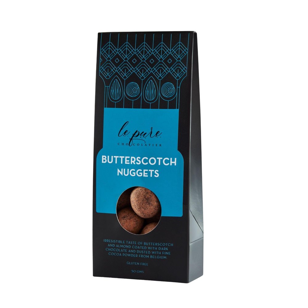 Le Pure Butterscotch Nuggets Dragees | Dark Chocolate, Caramelized Almonds & Butterscotch, Belgian Cocoa Powder | Gluten-Free | 50g Gourmet Snack