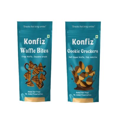 Konfiz Waffle Bites and Cookie Crackers Combo Pack | Chocolate Drizzle, Baked Crunchy Wafers | Half-Dipped Waffle Cookies | Freshly Baked, 100% Eggless | Perfect for Gifting, Parties & Anytime Cravings (Mint)